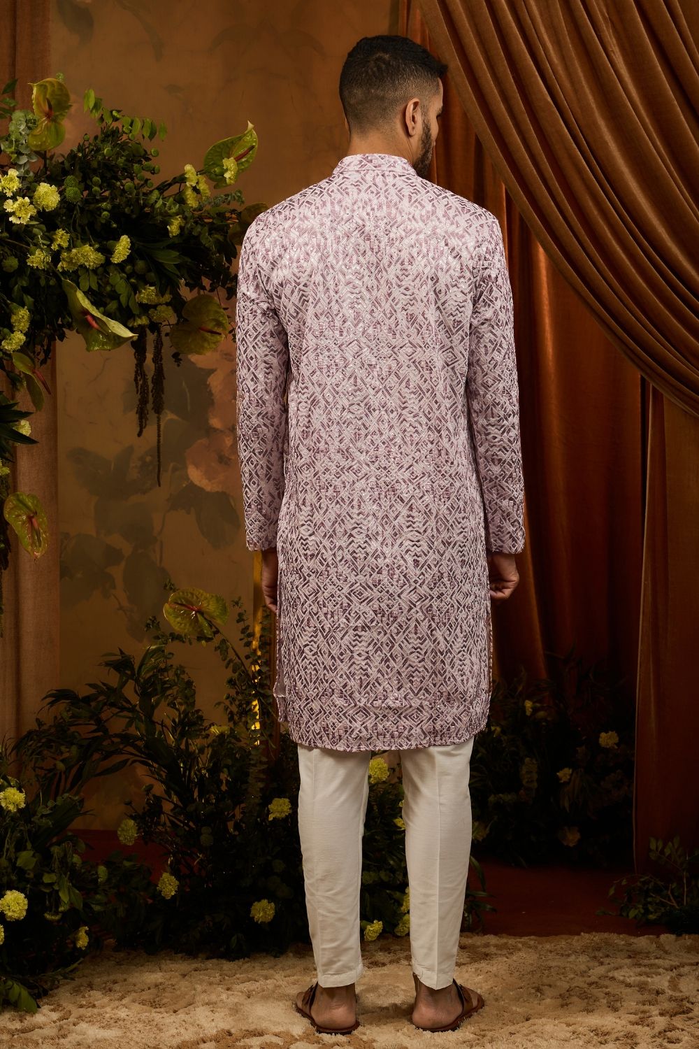 Ivory silk kurta pajama set with onion colour thread, sequin and embroidery work