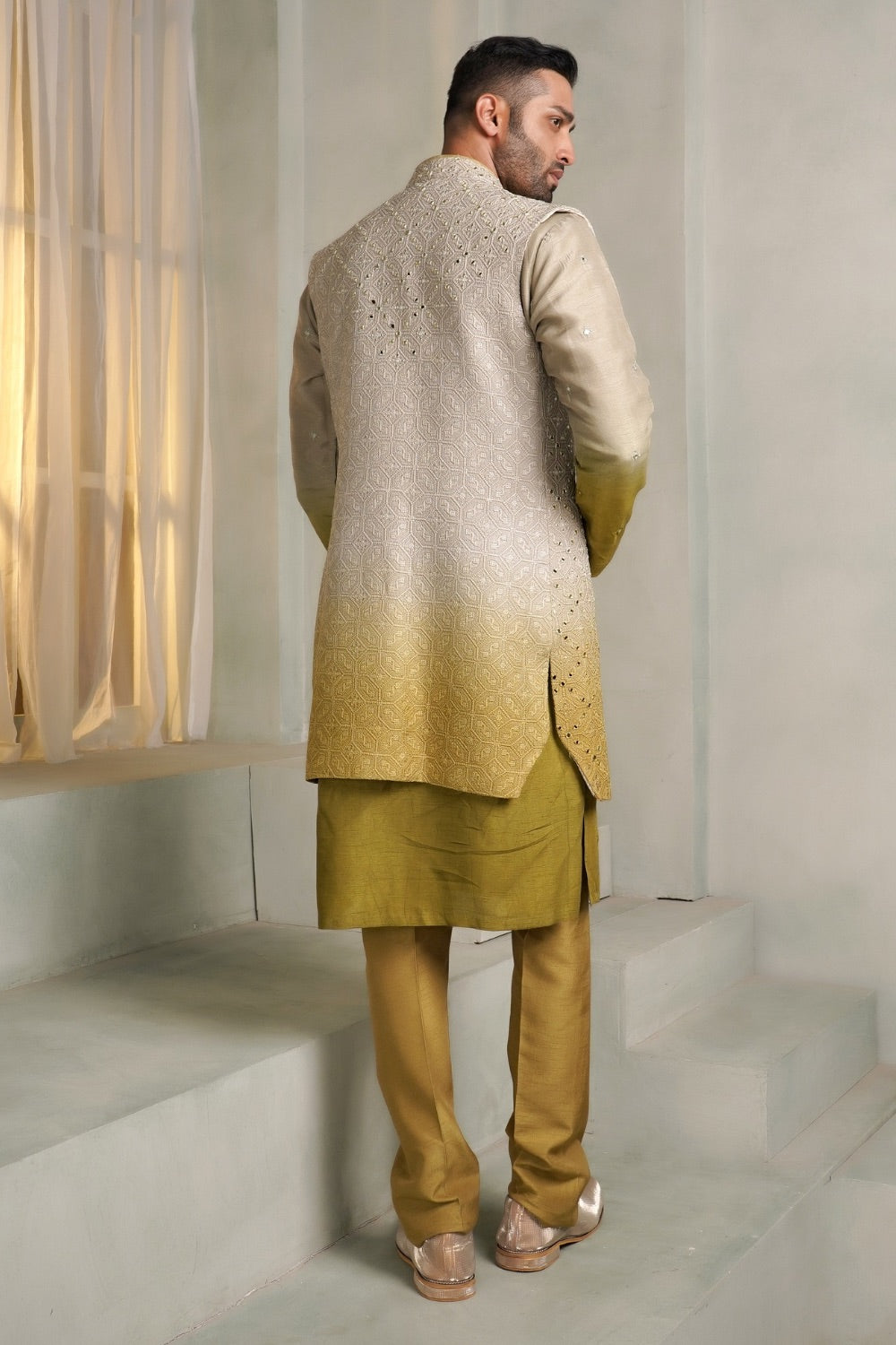 Ivory mustard yellow ombre art silk koti kurta set