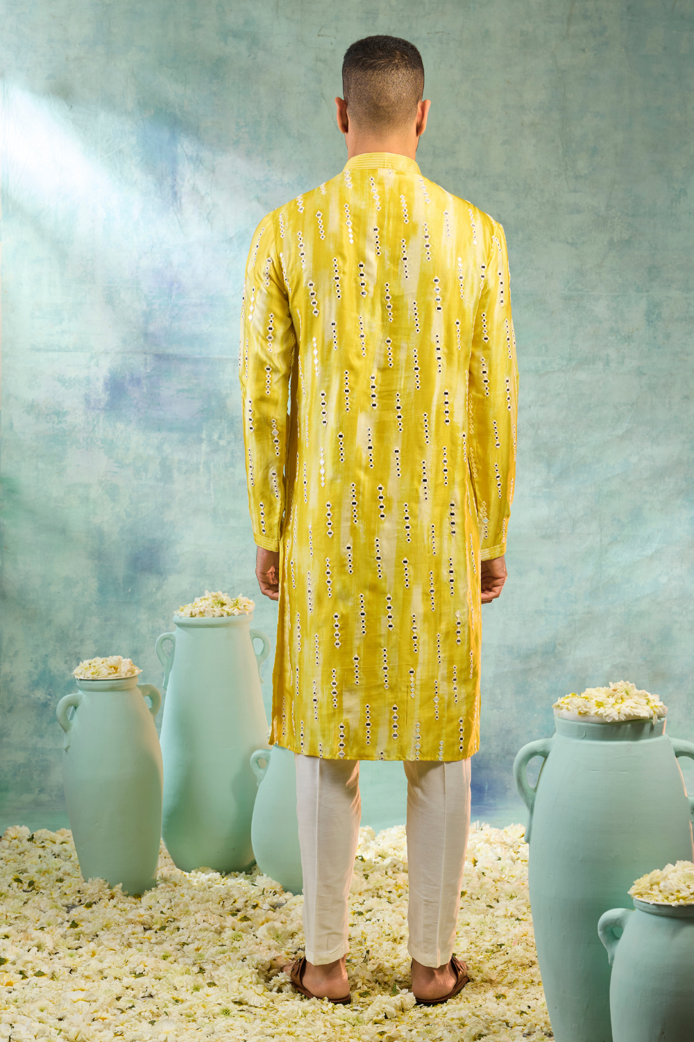 Mustard yellow kurta with thread and mirror work with cream pyjama