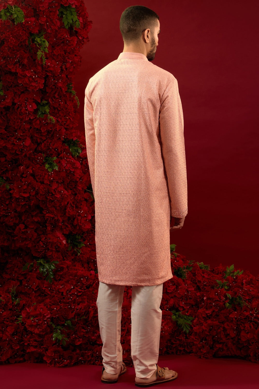 Peach silk kurta and pajama with machine work