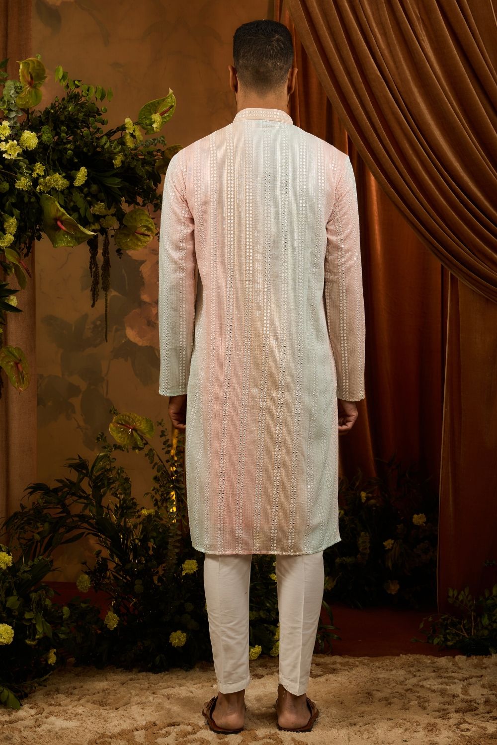 Pista silk kurta pajama set with white embroidery thread and sequin work