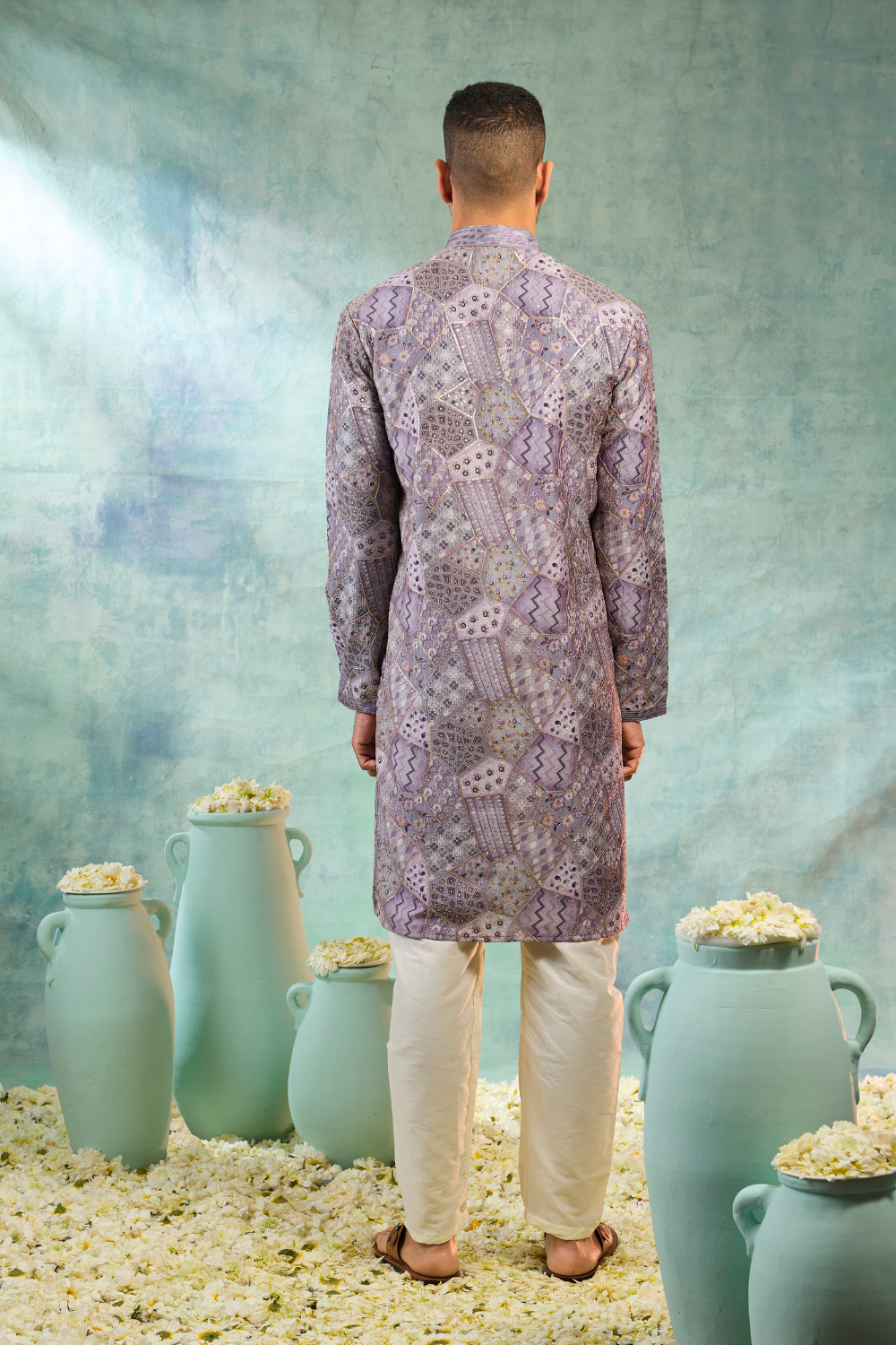 Purple silk kurta set with multicolour thread work