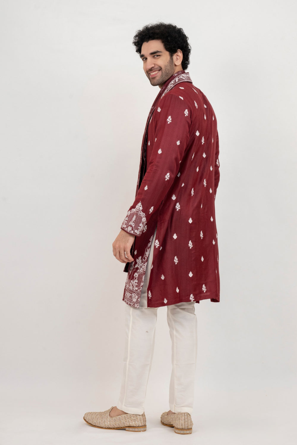 Burgandy resham embroidered malai silk kurta set with sequin and stone work