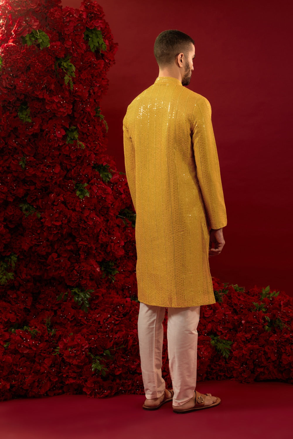 Mustard yellow silk kurta set with machine work