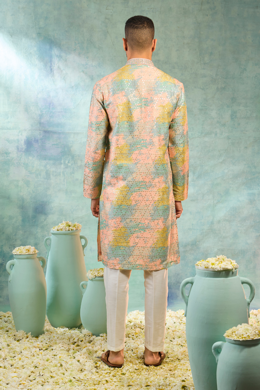 Sea blue silk kurta set with thread and sequence work