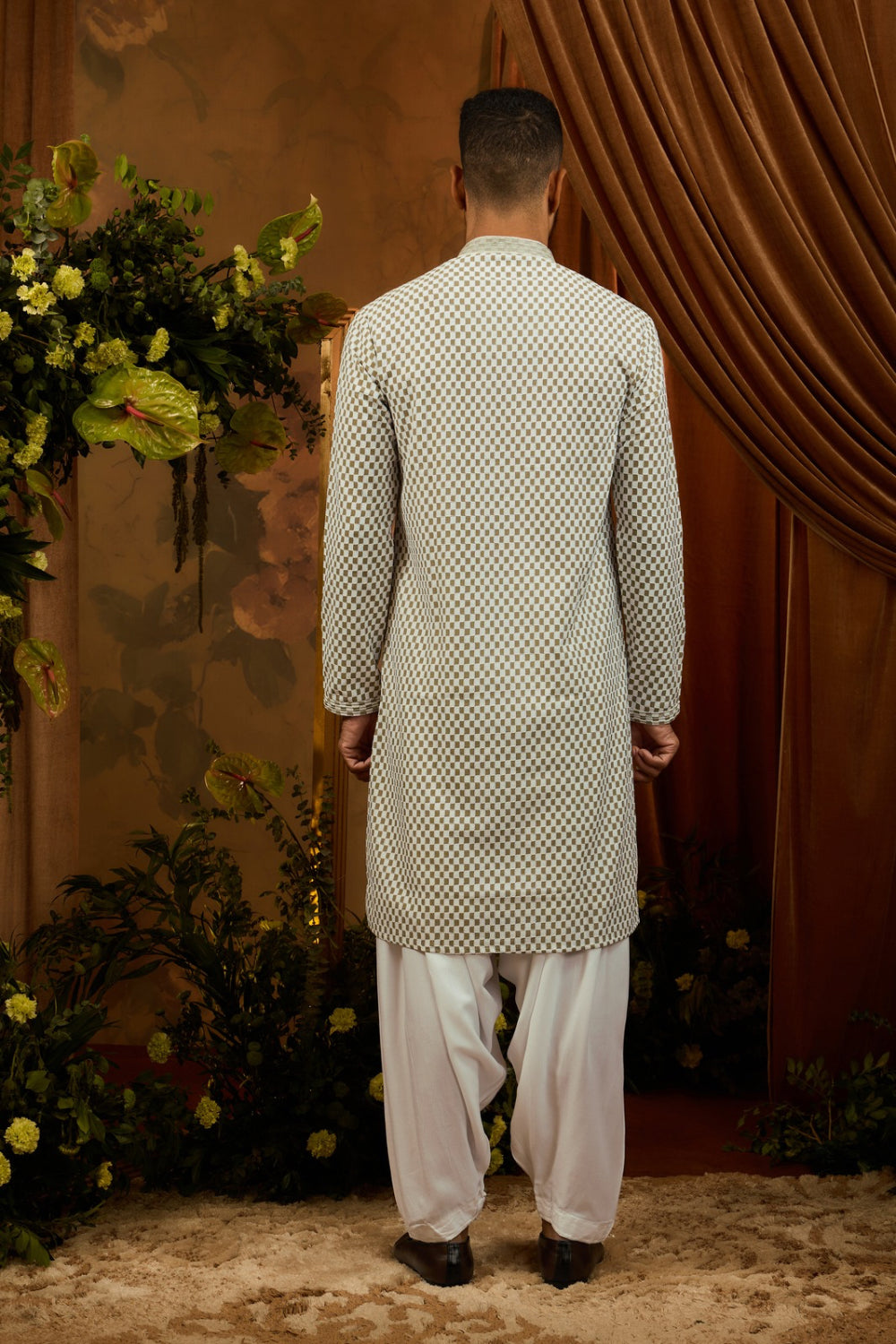 White silk kurta pajama with green checkered pattern