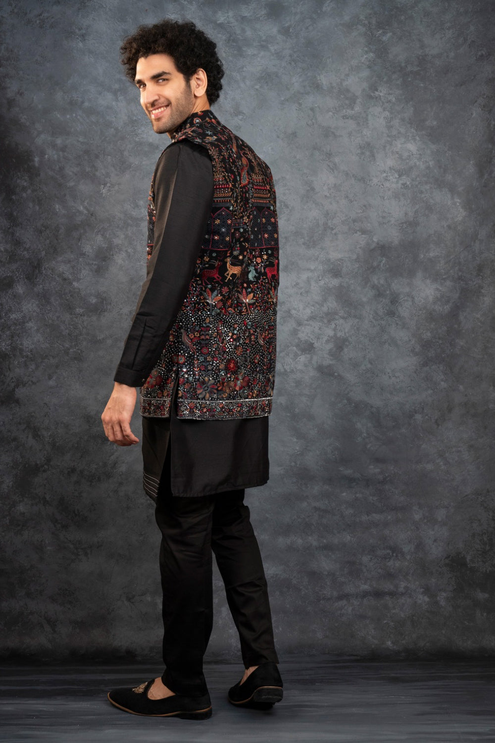 Black silk koti set with multicolour resham embroidery and sequins work