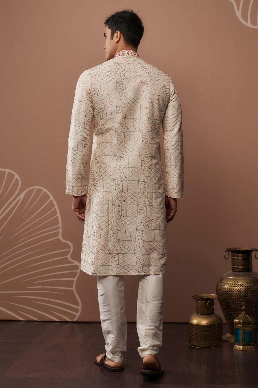 White silk kurta & pajama with hand and machine work