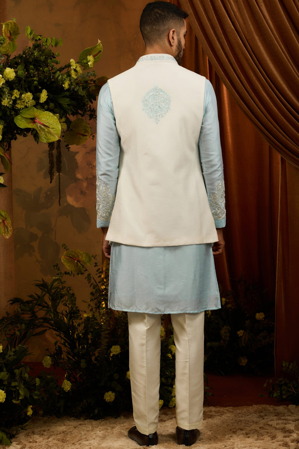 White silk koti with firozi kurta set with embroidery work