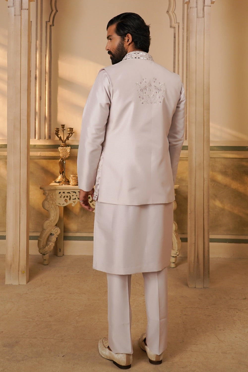 White Splendid Silk Mirror Embroidered Koti Kurta Set