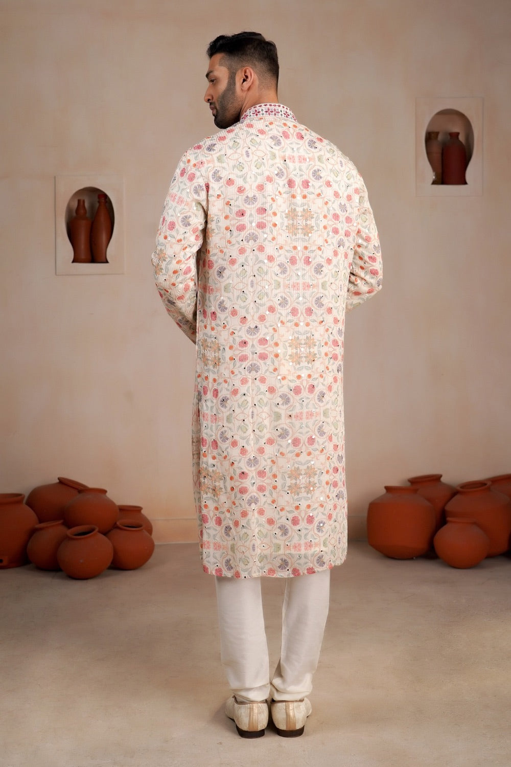 Printed off white lucknowi kurta Set