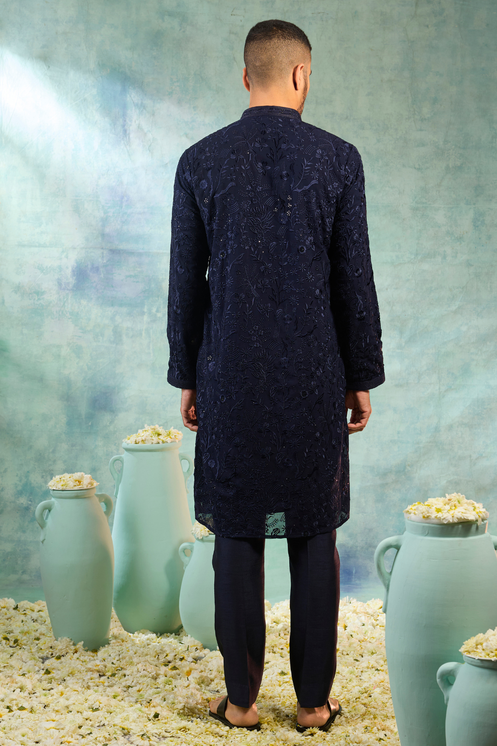 Navy blue silk kurta set with navy blue thread work and sequence