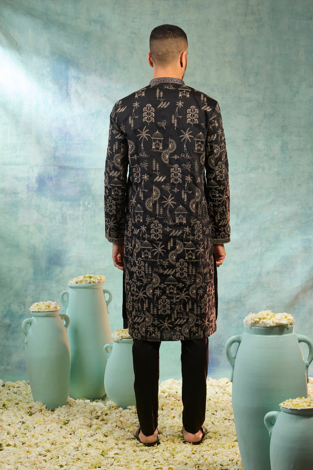 Black silk kurta set with golden thread work