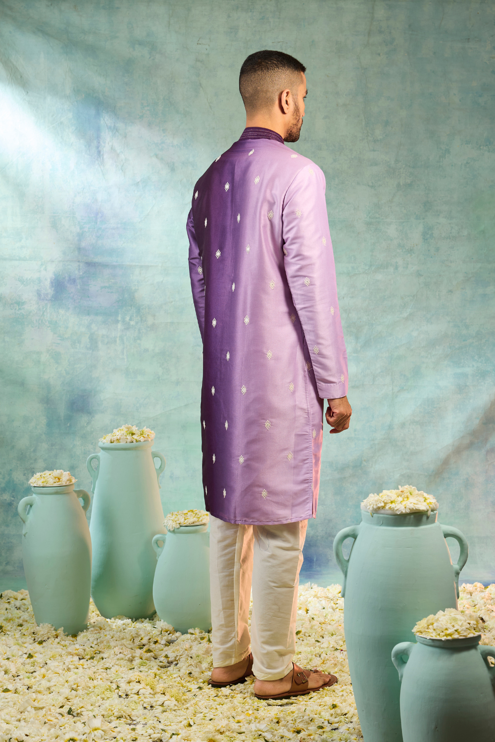 Purple silk kurta set with ombre effect and white motifs