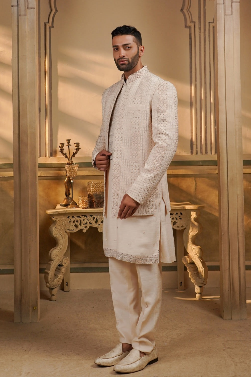 Rose gold white silk open jacket kurta set