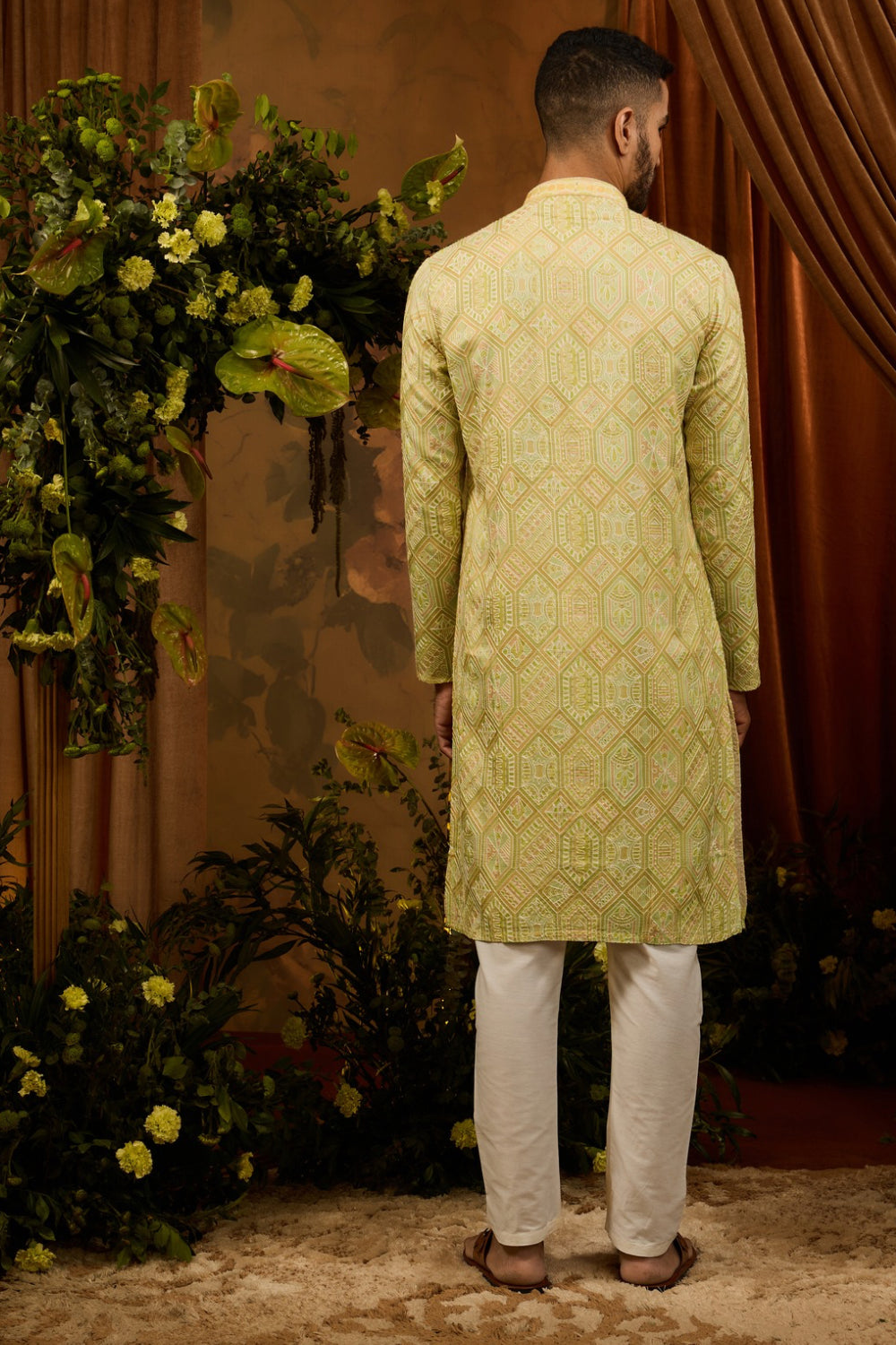 Yellow silk kurta pajama set with sequin and mirror thread work