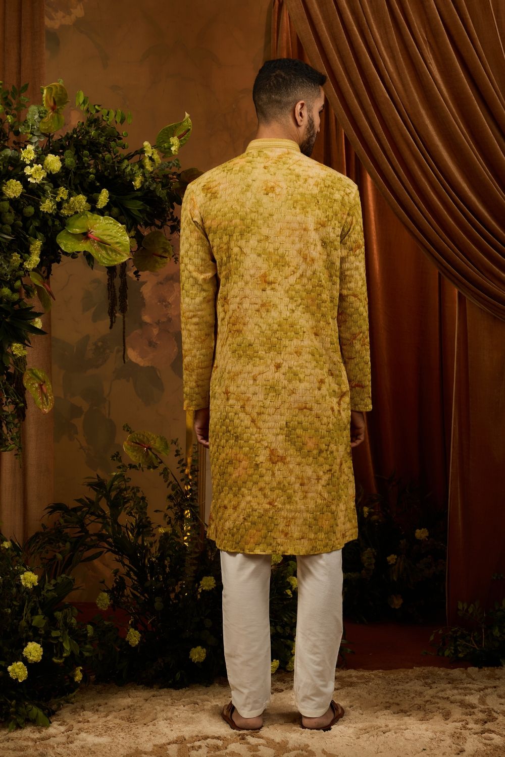 Yellow silk kurta pajama set with thread work