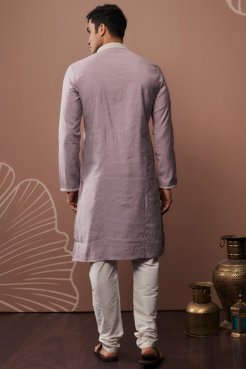 Lilac silk kurta set with hand and mahcine work