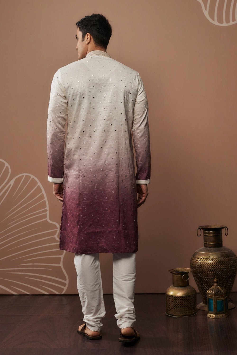 White-purple ombre silk kurta set with mirror work