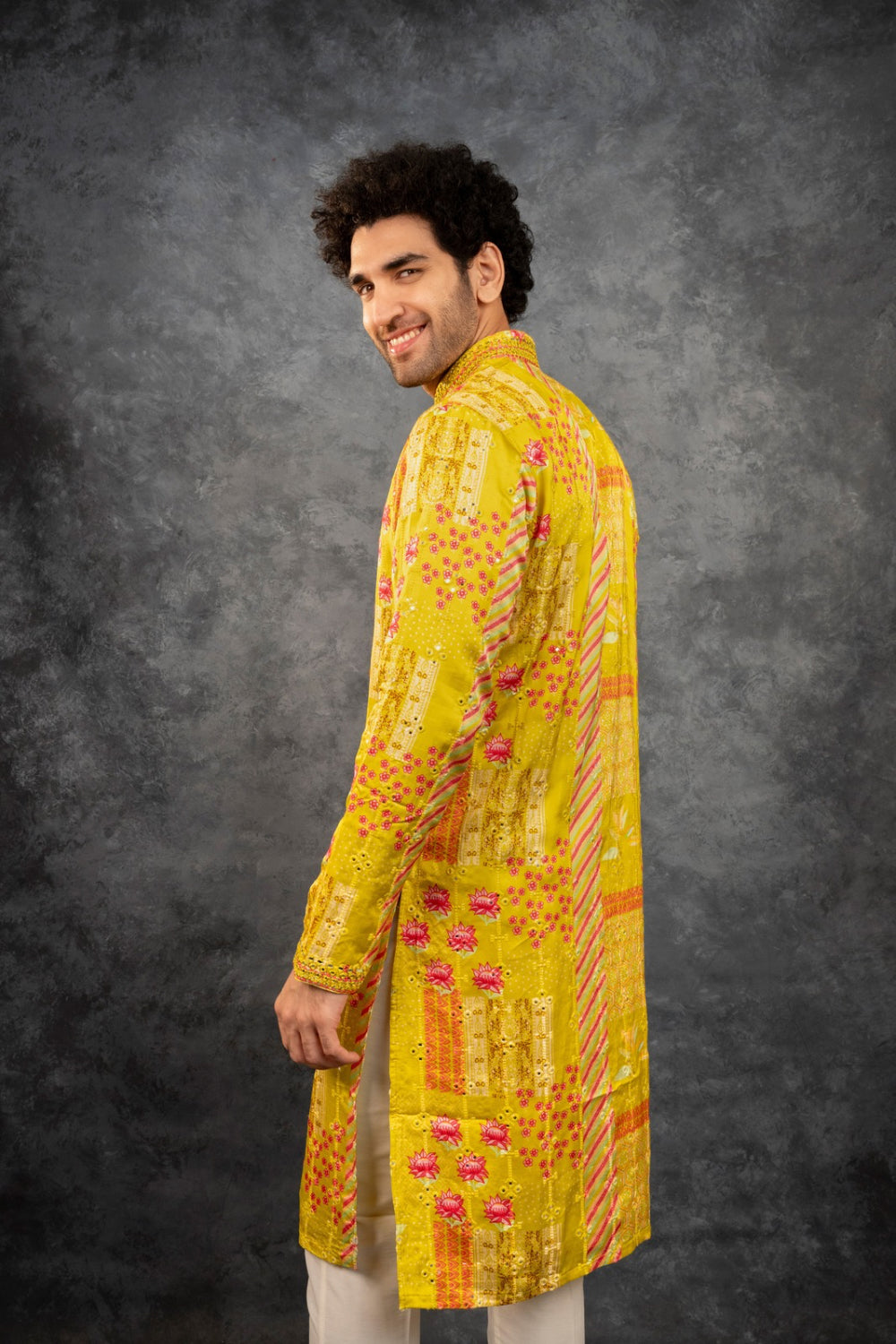 Yellow printed silk kurta set with mirror embroidery