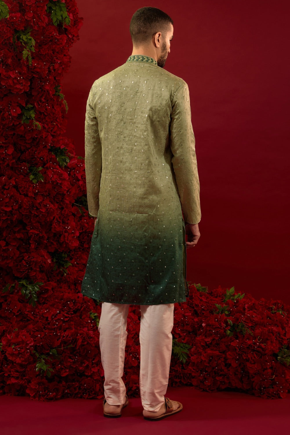 Ombre green silk kurta & pajama with hand and machine work