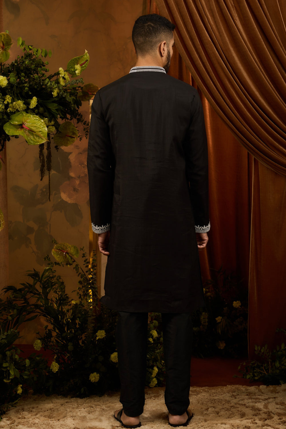 Black silk kurta set with white thread embroidery