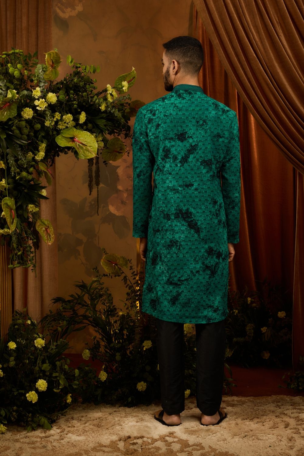 Green silk kurta pajama set with thread work