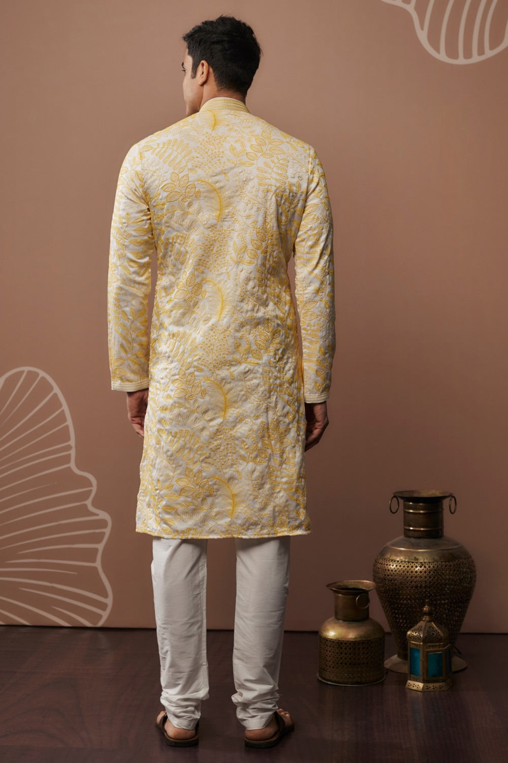 Light yellow silk kurta and pajama with hand and machine work