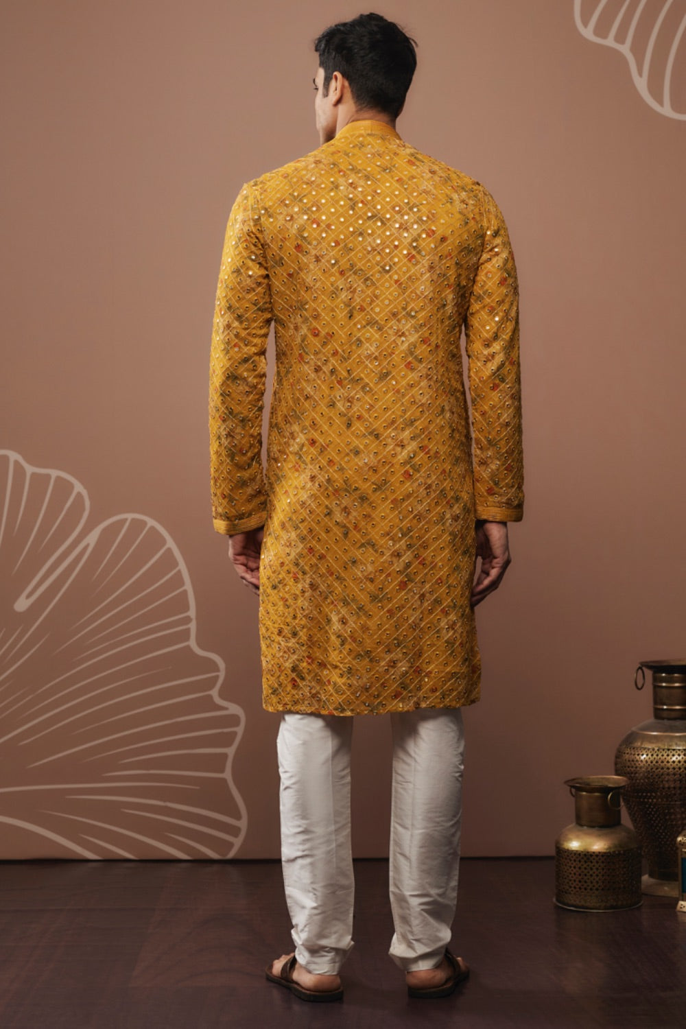 Mustard yellow silk kurta pajama with hand and machine work