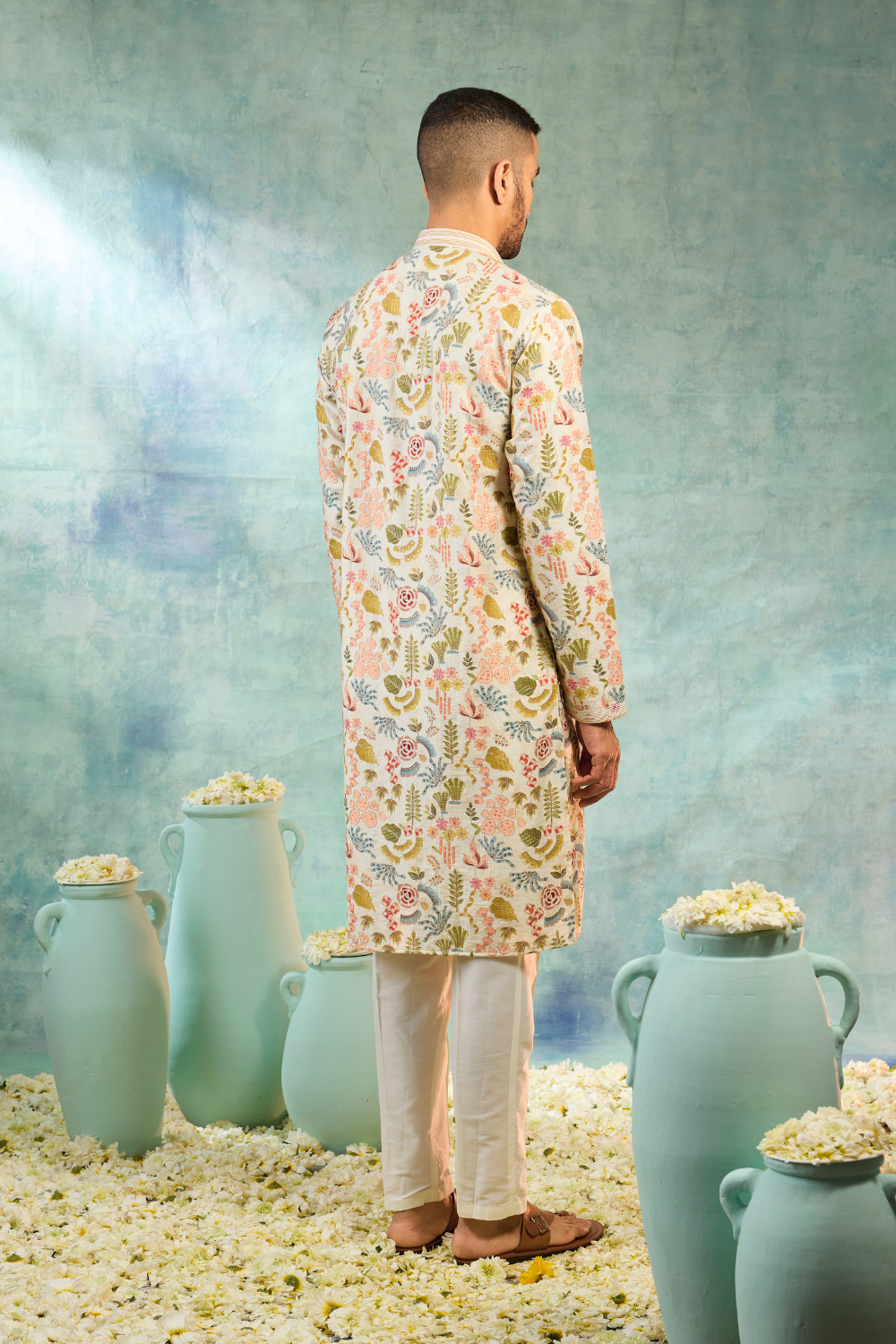 Silk cream kurta with multicolour thread work