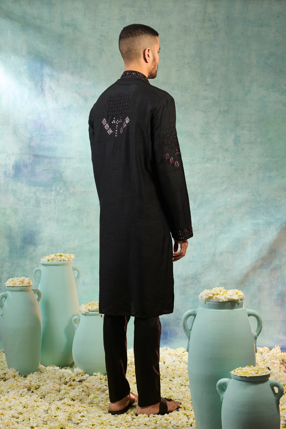 Black kurta set with maroon and silver thread work and mirror work