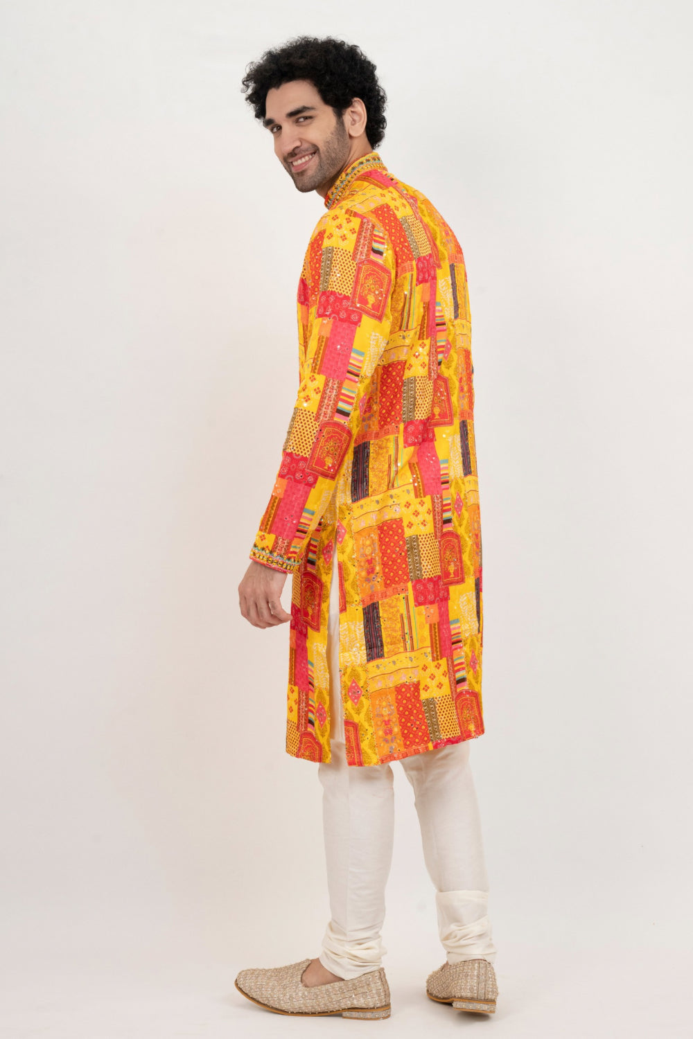 Multicolour resham embroidered satin lenin kurta set with kasab and mirror work