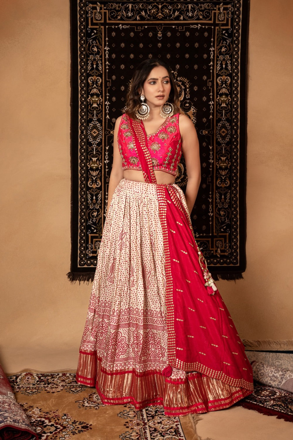 Pink gaji silk lehenga choli with zardosi, moti, and mirror work