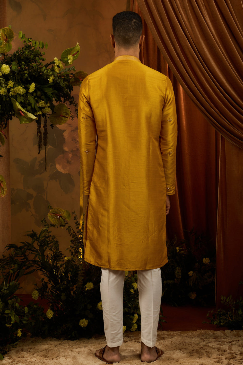 Mustard yellow silk kurta set with thread and mirror work