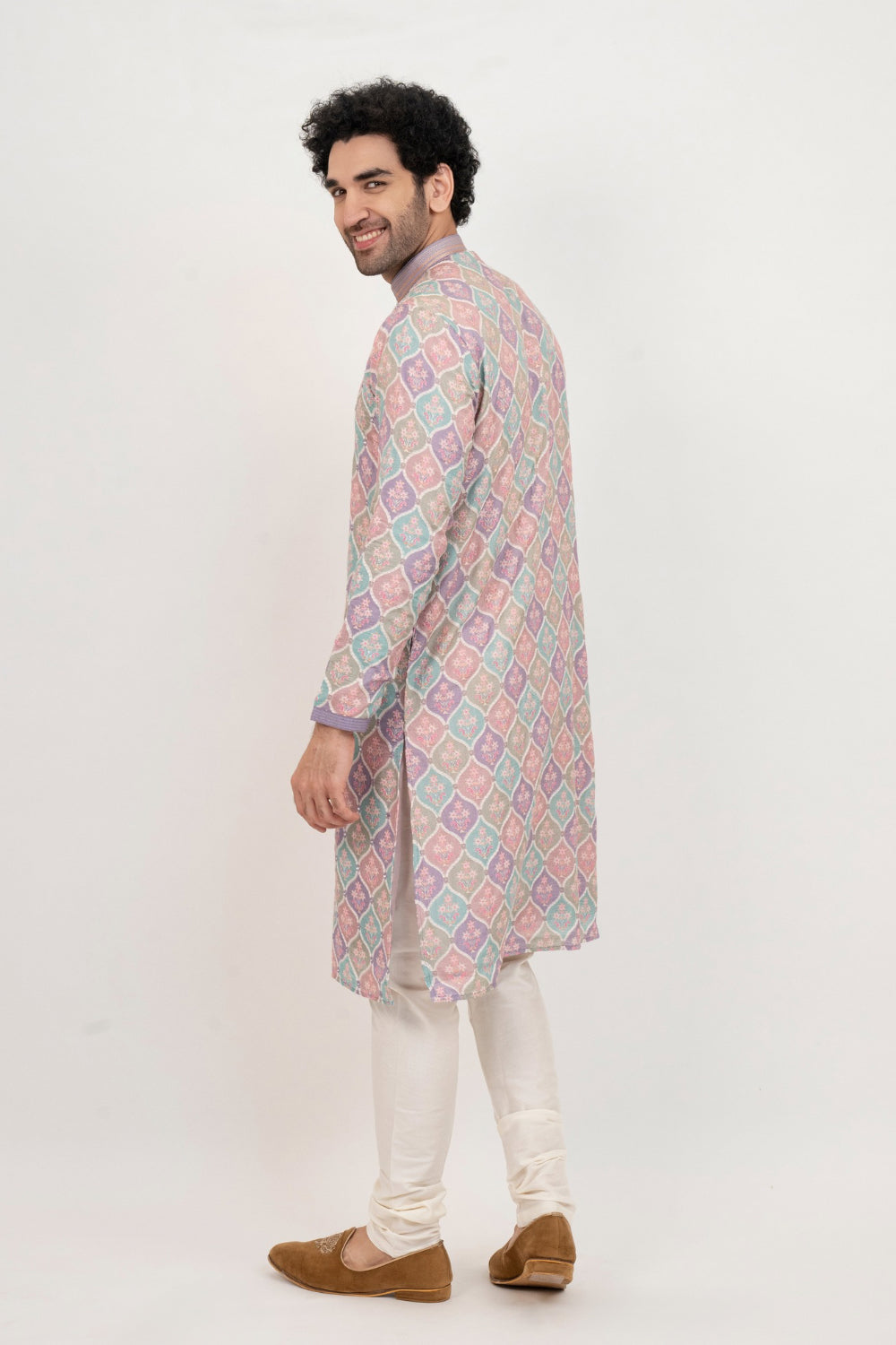 Multicolour lucknowi position print kurta set with mirror and thread work on yoke