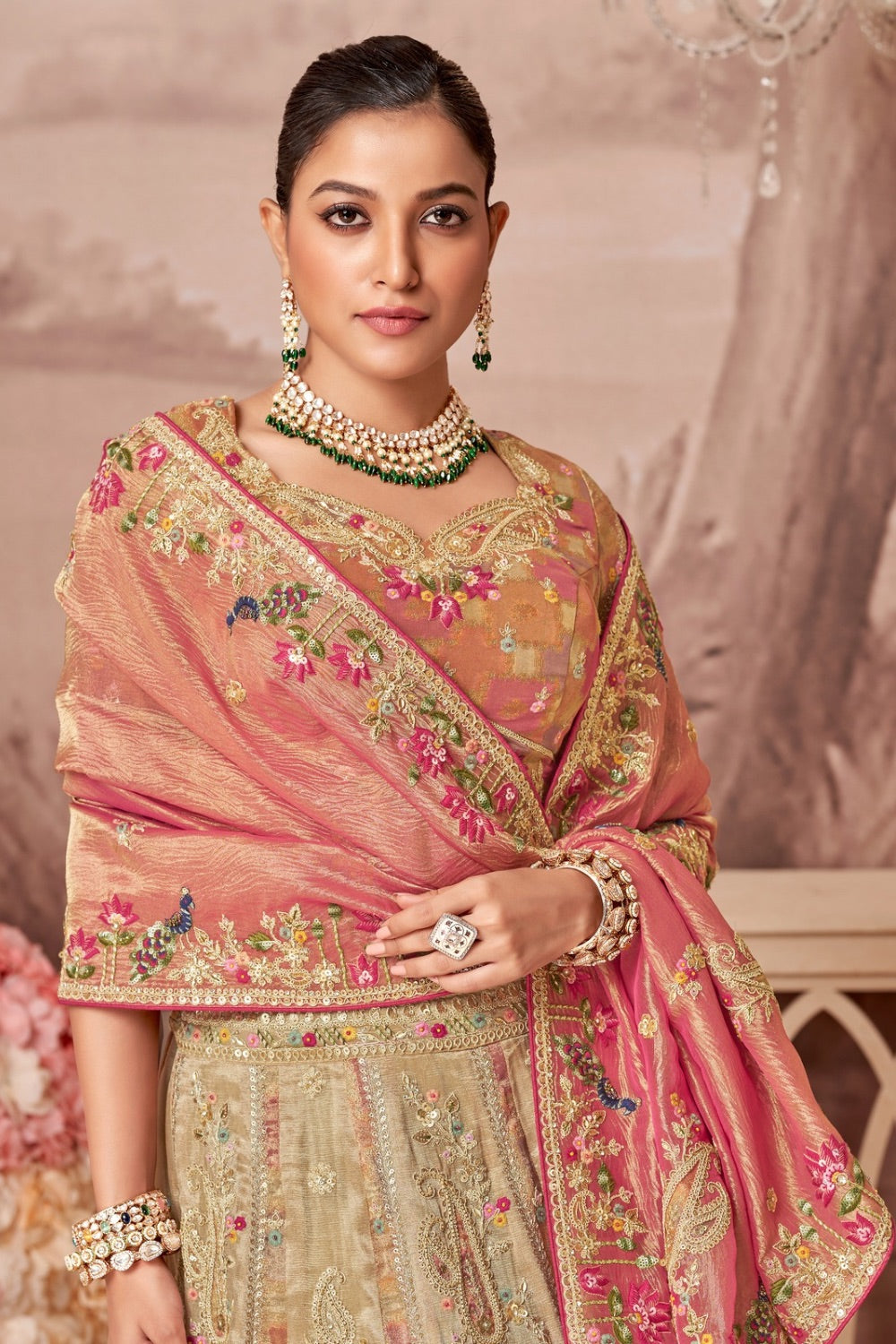 Peach & Beige banarasi silk lehenga set