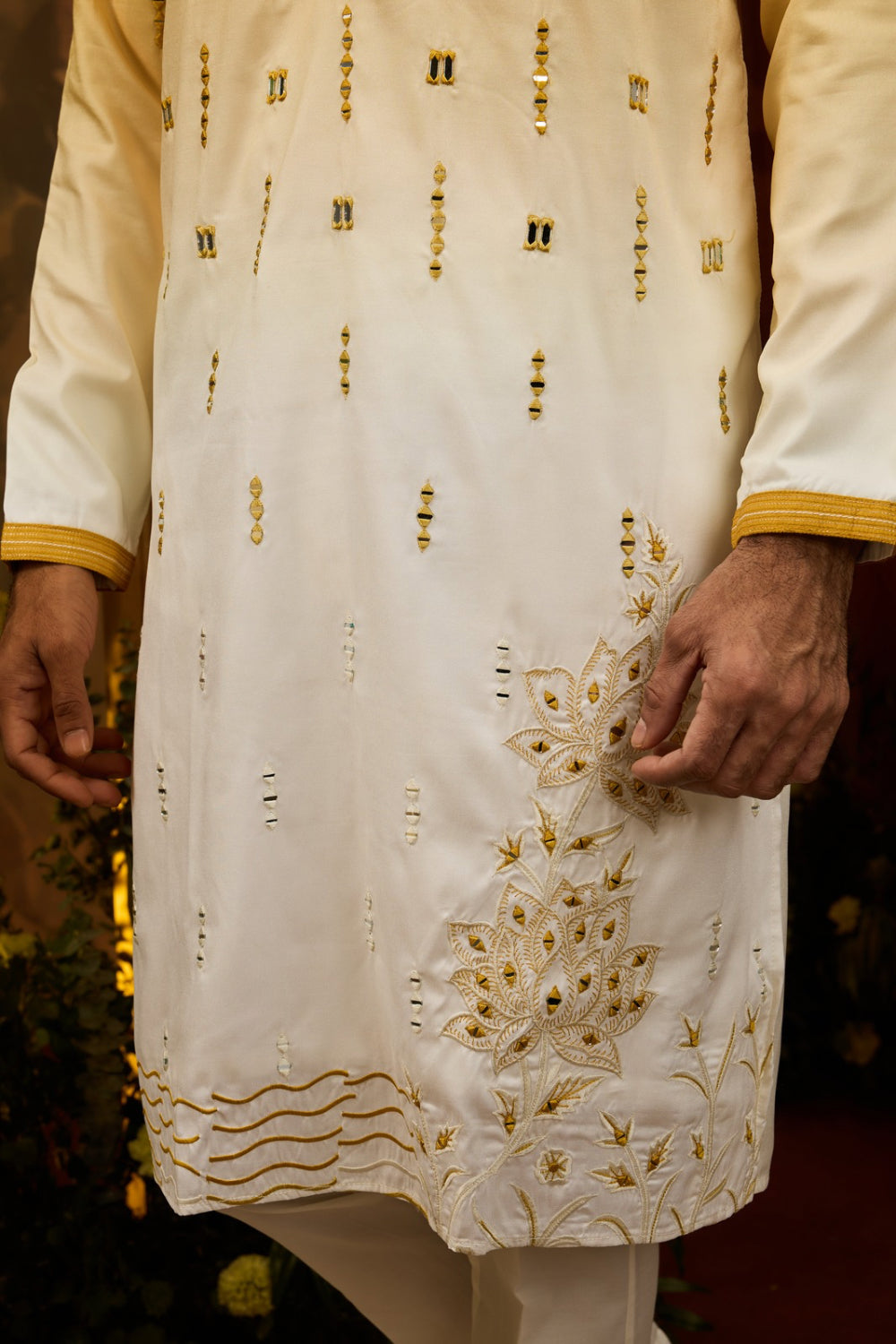 Yellow-white ombre silk kurta set with thread embroidery and mirror work