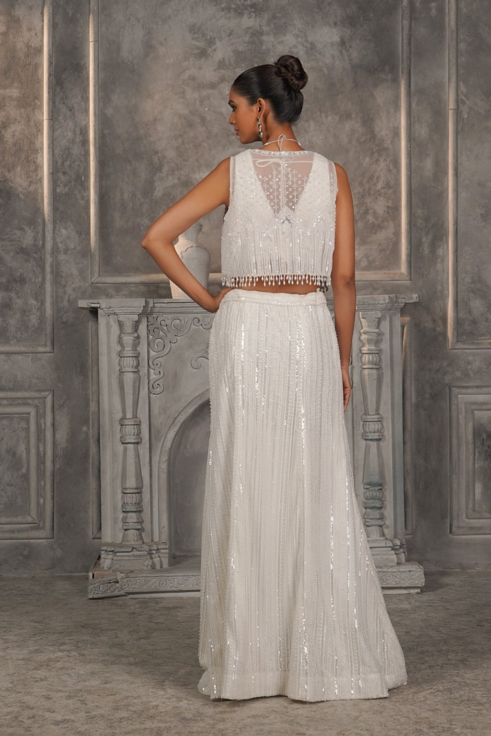 White soft silk sequinned Indo Western