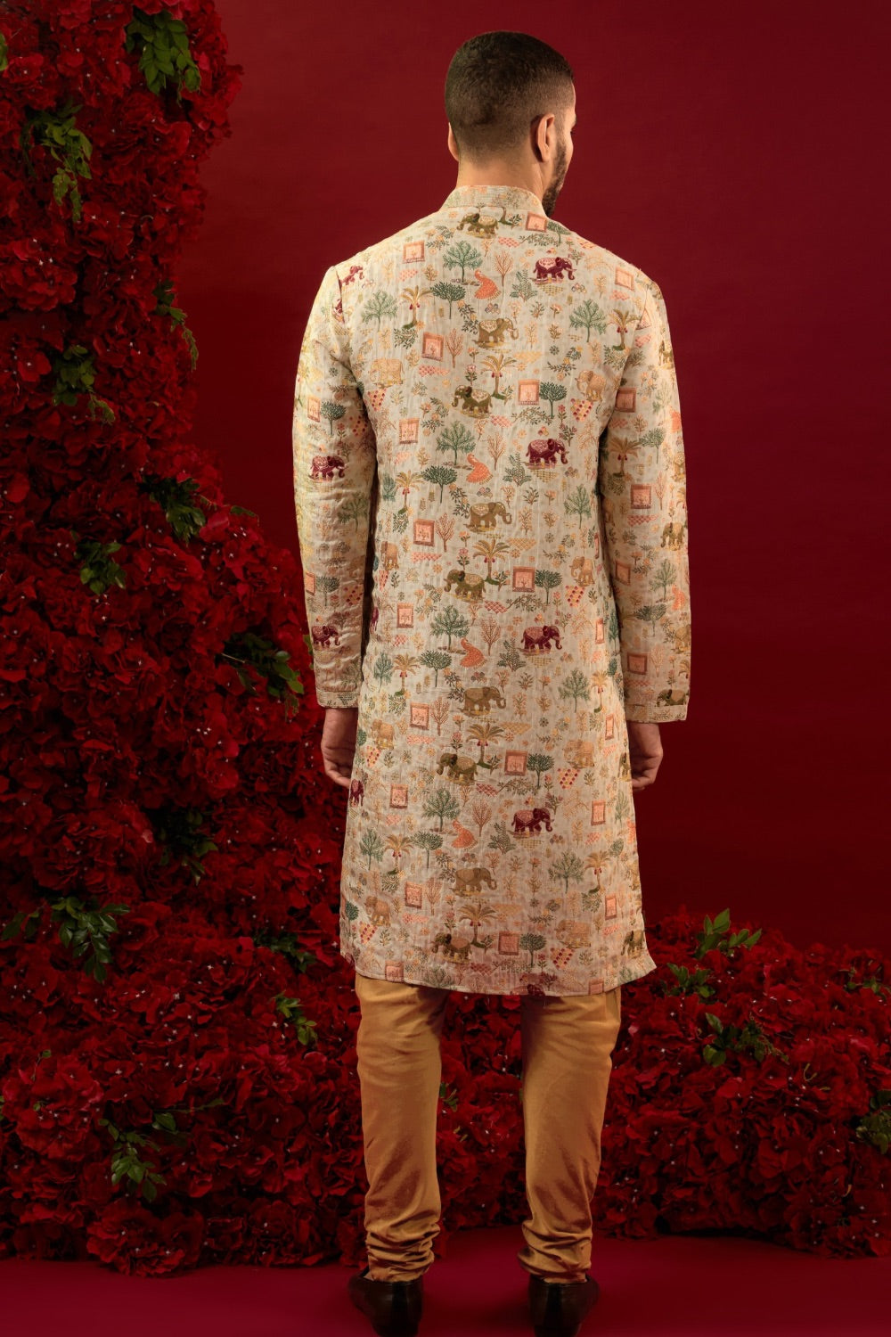 Cream silk kurta pajama with multicolour machine work