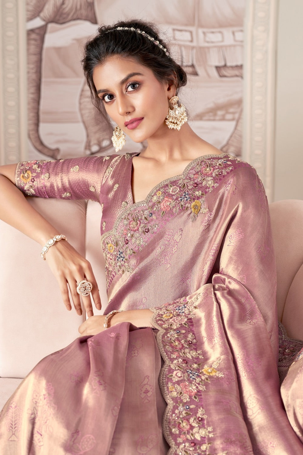 Soft mauve soft silk saree with unstitched blouse