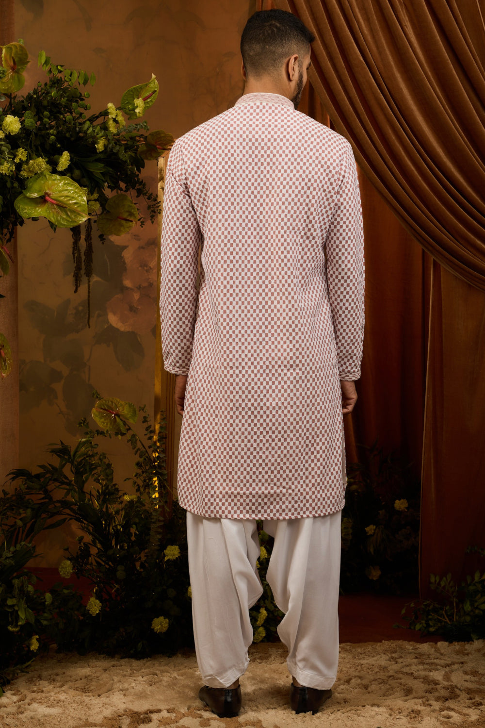 White silk kurta pajama with peach checkered pattern