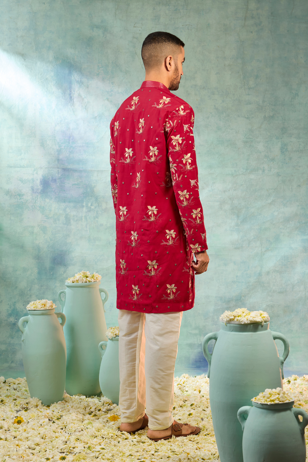 Bright red silk kurta set multi thread embroidery