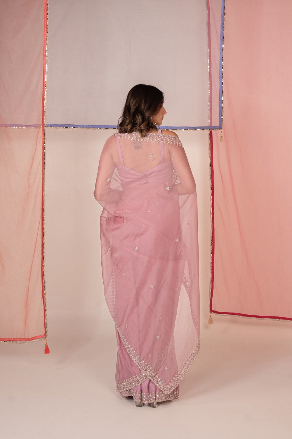 Dusty pink tissue silk saree and unstitched blouse piece