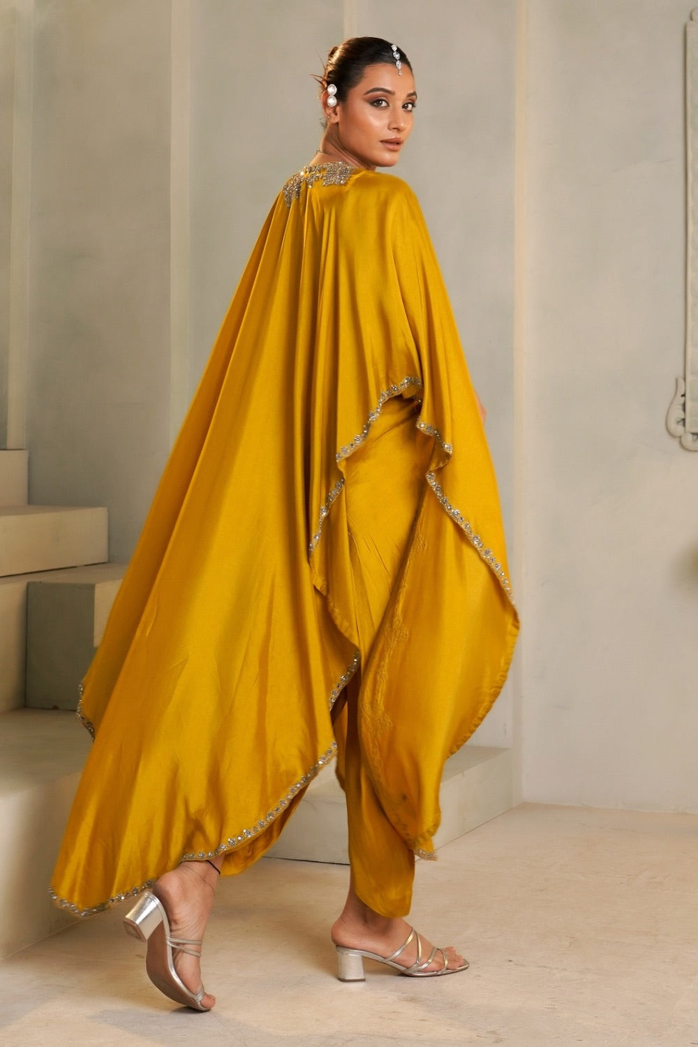 Mustard yellow gaji silk Indo western