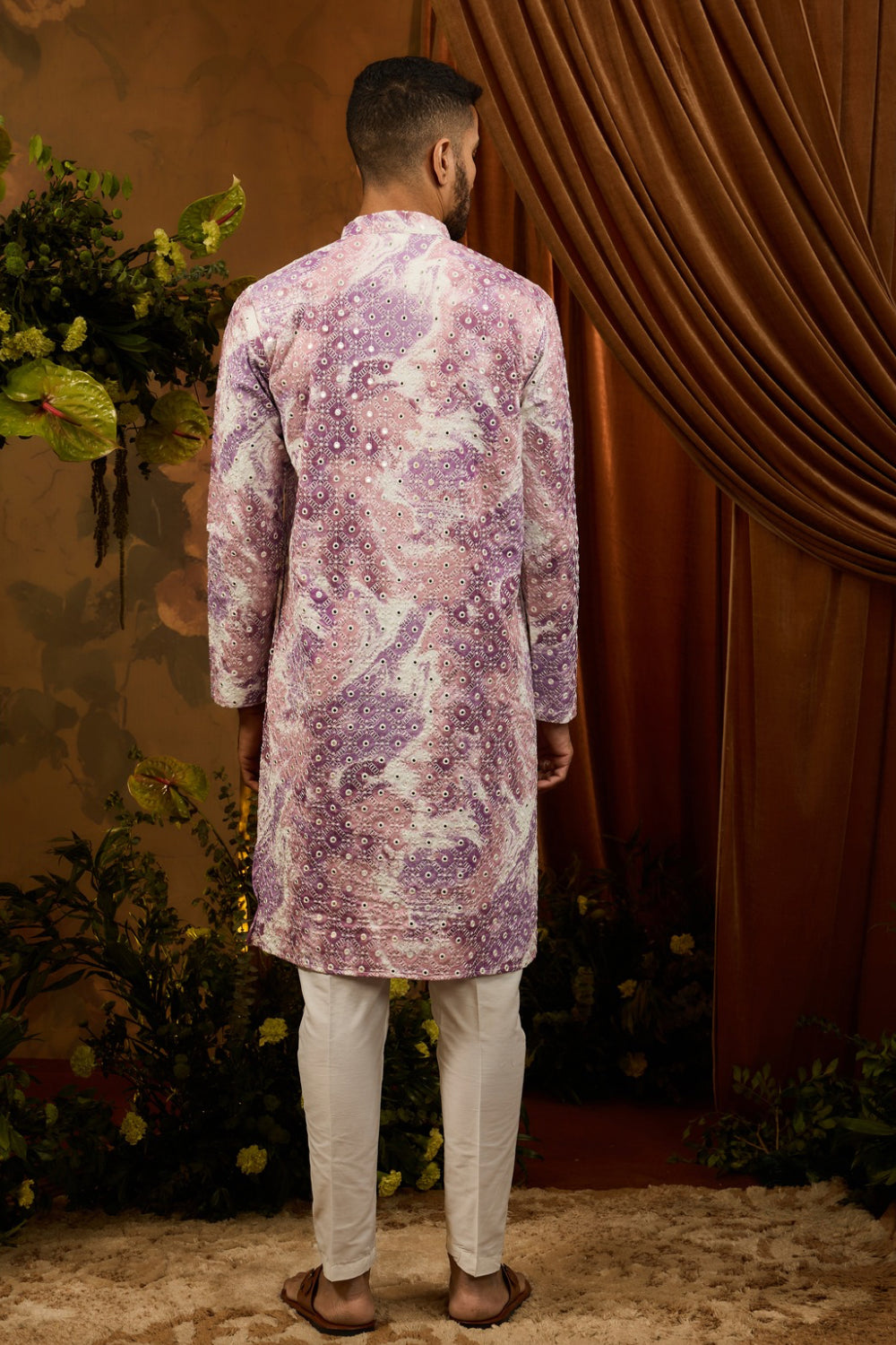 Purple silk kurta pajama set with white embroidery and mirror work