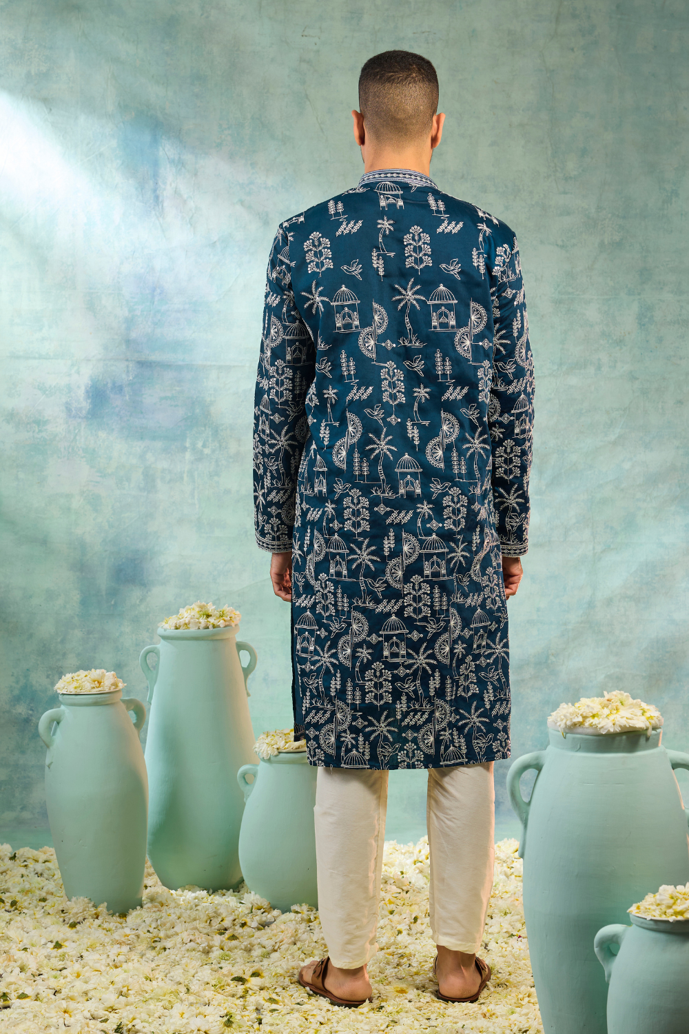 Dark blue kurta set with white contrast thread work