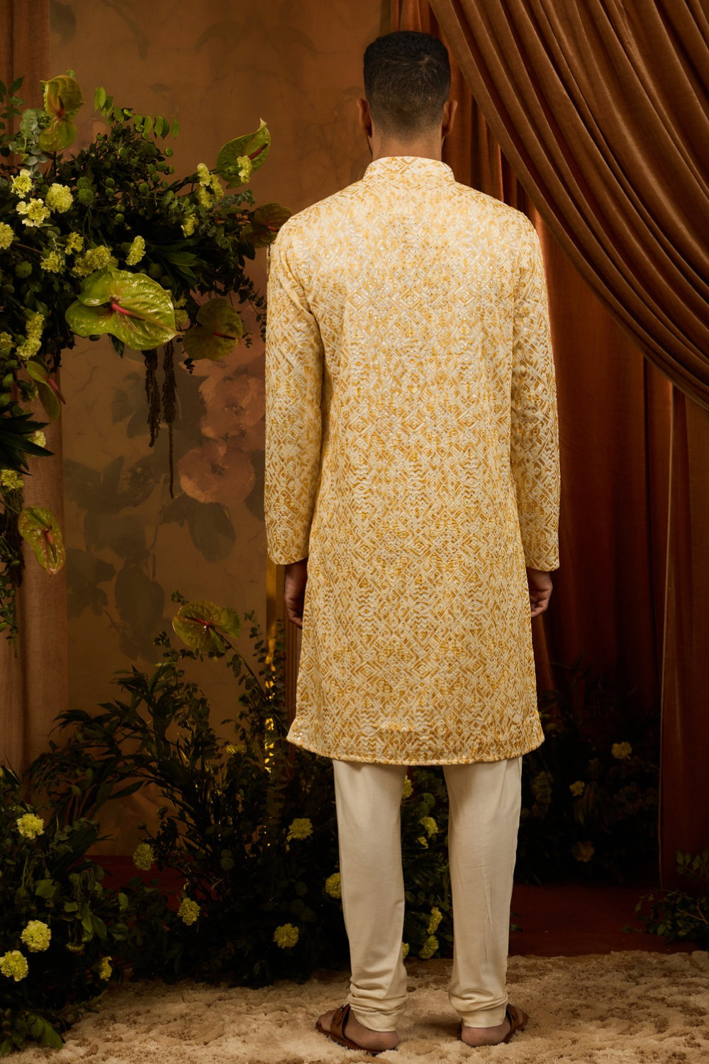 Yellow silk kurta pajama set with sequin machine work