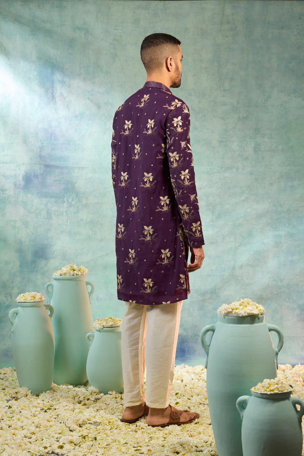 Wine coloured silk kurta with multi colour thread embroidery work