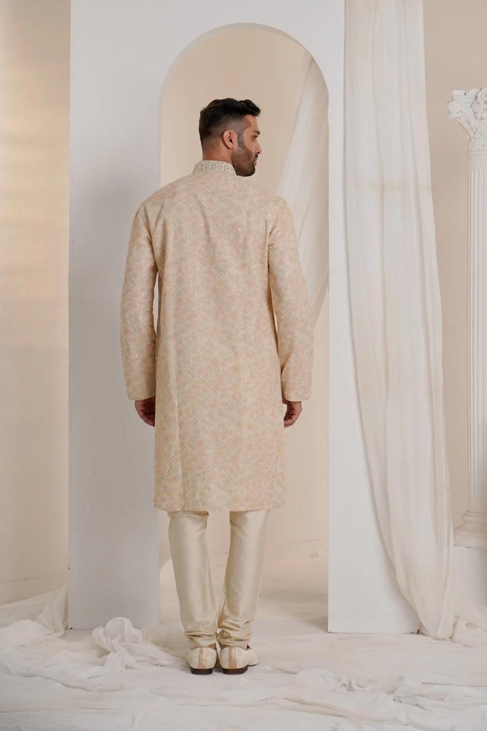 Beige printed silk kurta set