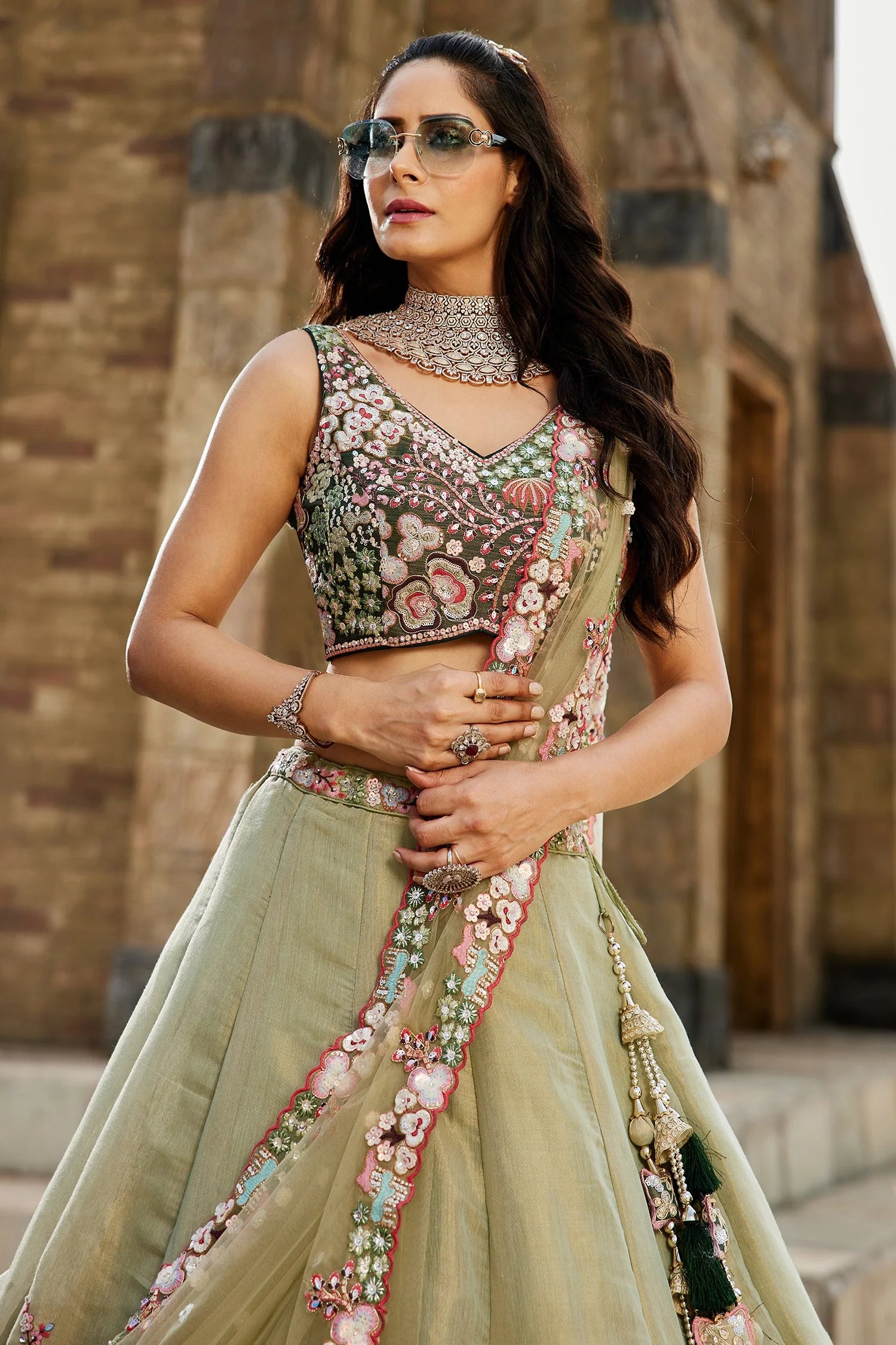 Floral Embroidered Green Net Lehenga with Sequins & Flared Silhouette